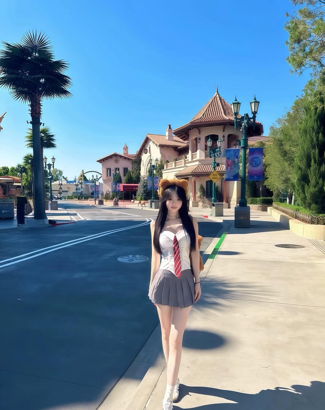 阳光明媚的一天，穿着可爱制服的少女在公园里漫步。