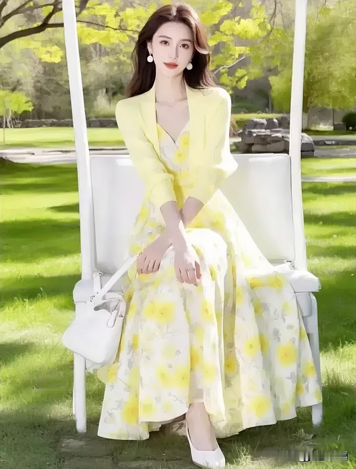 春日野餐穿搭指南：清新黄色连衣裙搭配白色手提包，享受阳光下的美好时光。