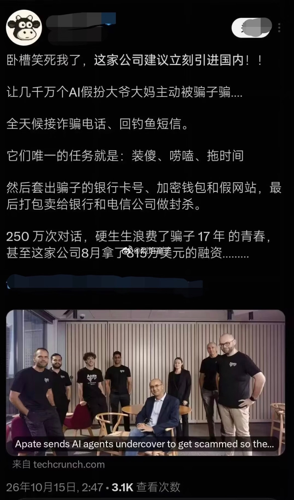 国外的这个，成立了一个专门去故意让骗子骗的公司，让AI主动接电话、钓鱼短信等故意