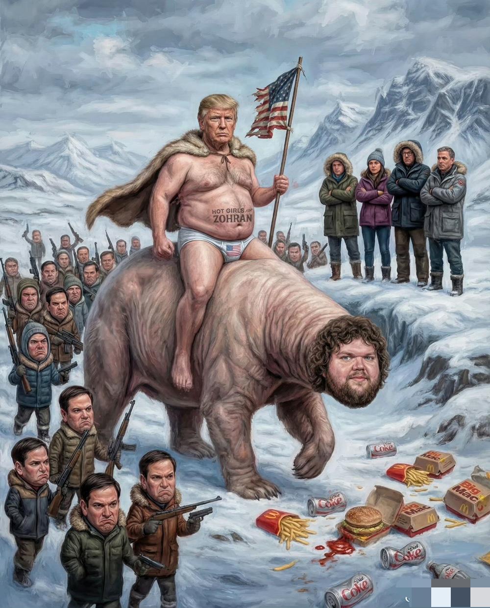 有X博主制作了一张特朗普入侵格陵兰岛的图片[捂脸哭]真别说，这些博主想象力还是