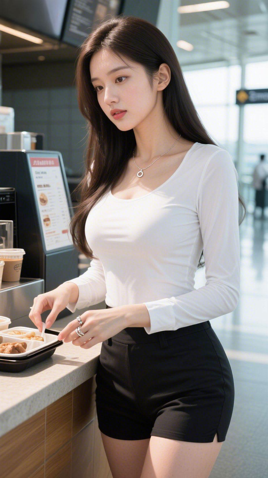 白衫映影候机时机场的光廊里淌着柔和的亮，落地窗外的天光漫进来，落在她素白的