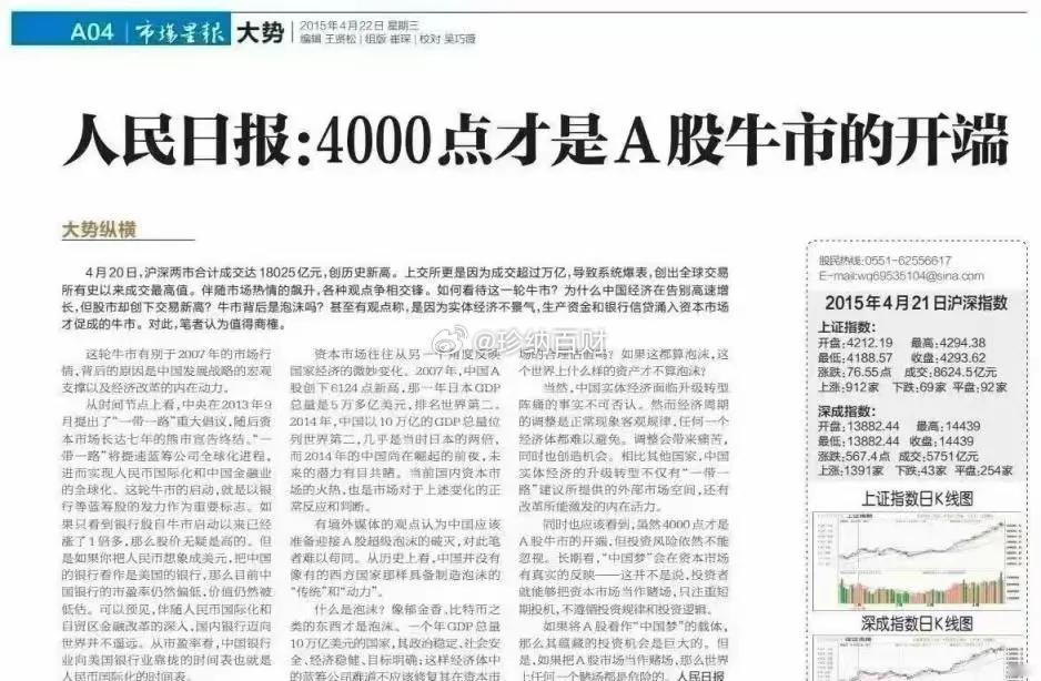 人民日报，4000点才是A股牛市的开端，人民日报，证券制度应把散户放在最高处！也