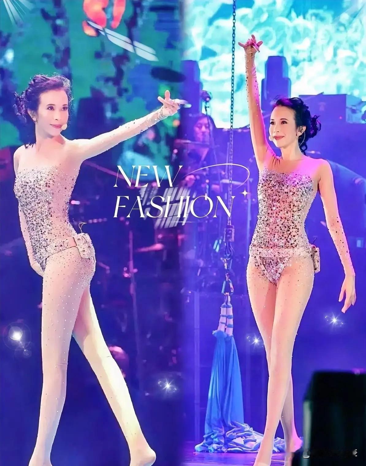 莫文蔚这造型又引爆热搜了。54岁的她穿着镂空网状连体衣亮相红毯，这身突破传统