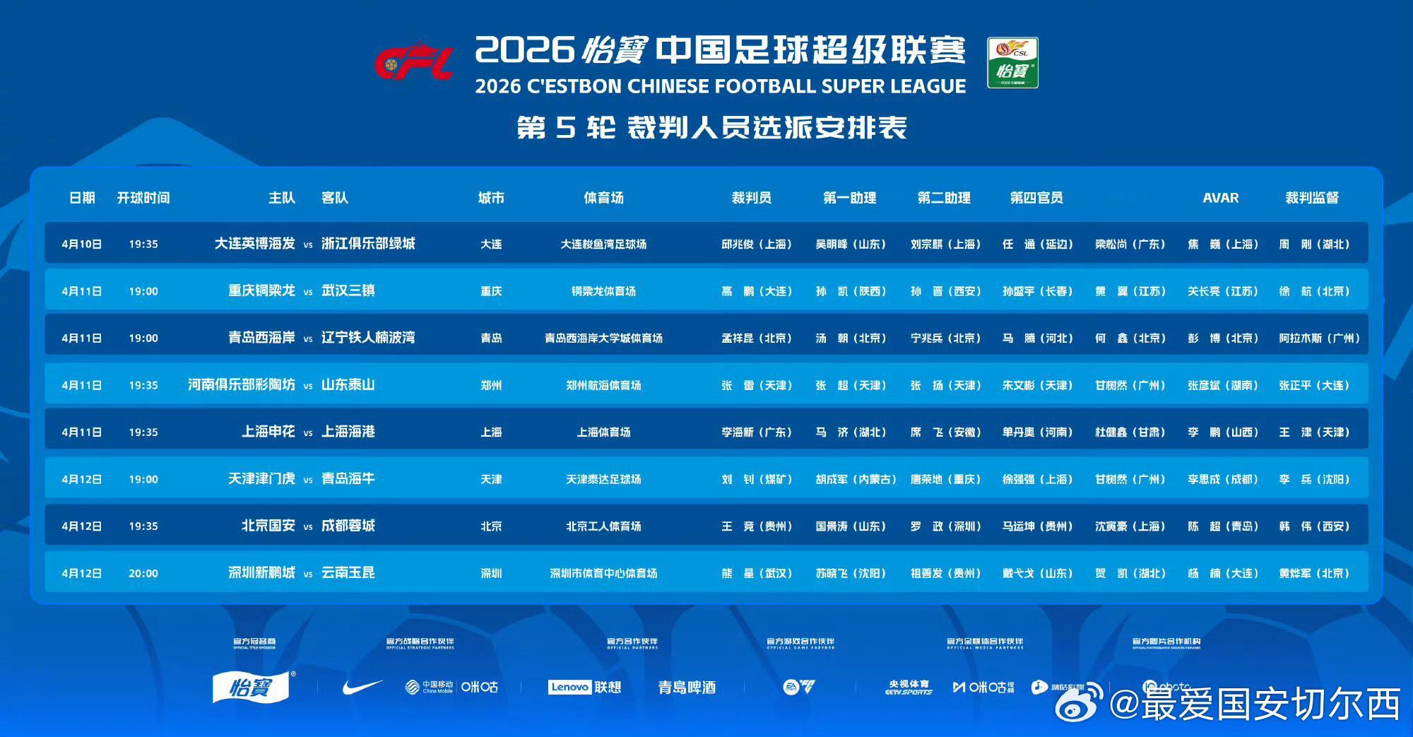 【中超第5轮北京国安VS成都蓉城裁判信息】国安联赛第五轮主场同成都蓉