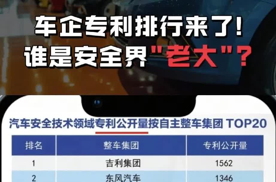 车企专利排行来了，比亚迪没进前三，谁才是安全界“老大”？1.吉利集团：专利公