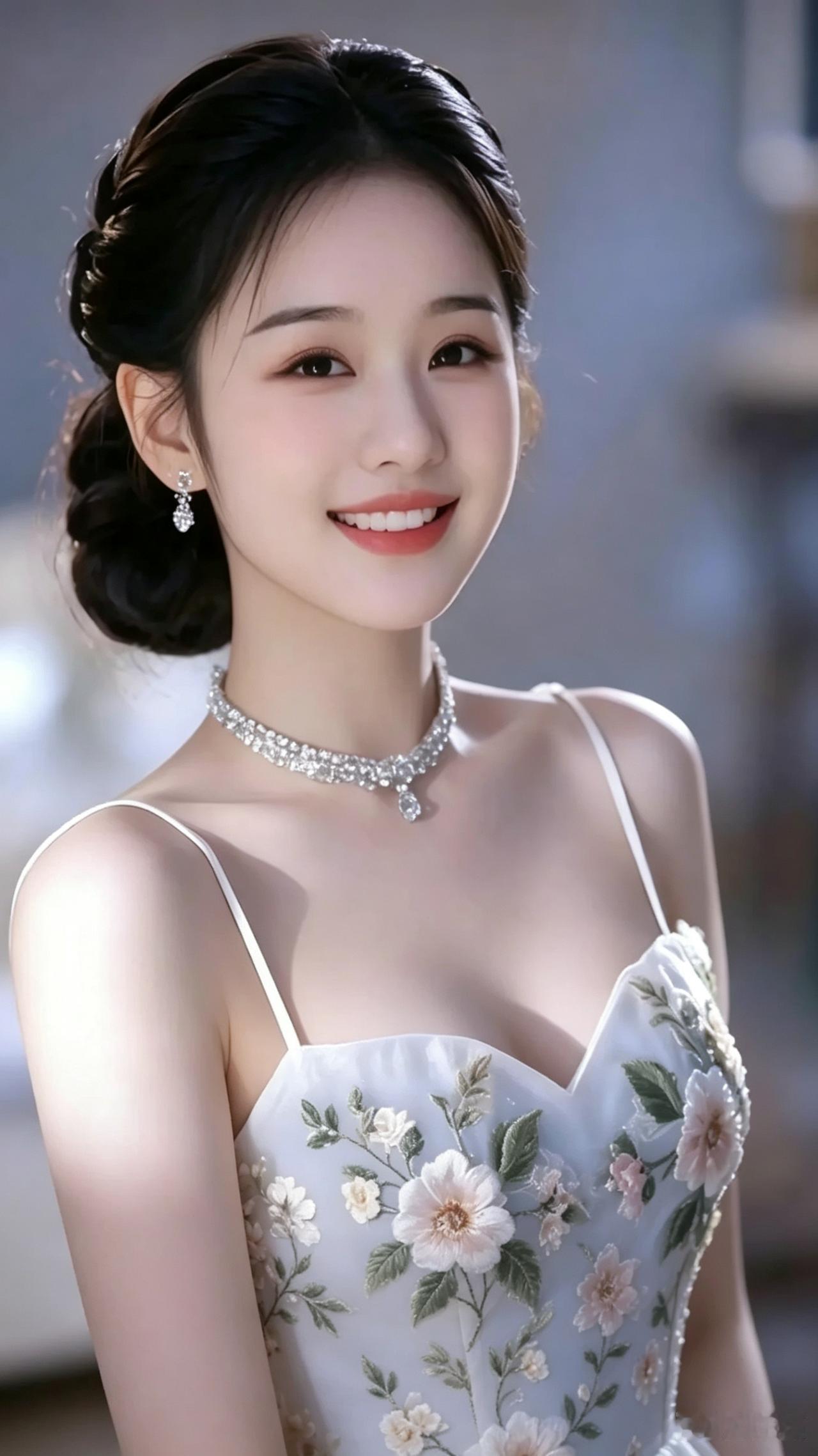 素裙绣满牡丹芳，玉颈珠光映俏妆。浅笑温柔藏雅致，清风一缕自生香。