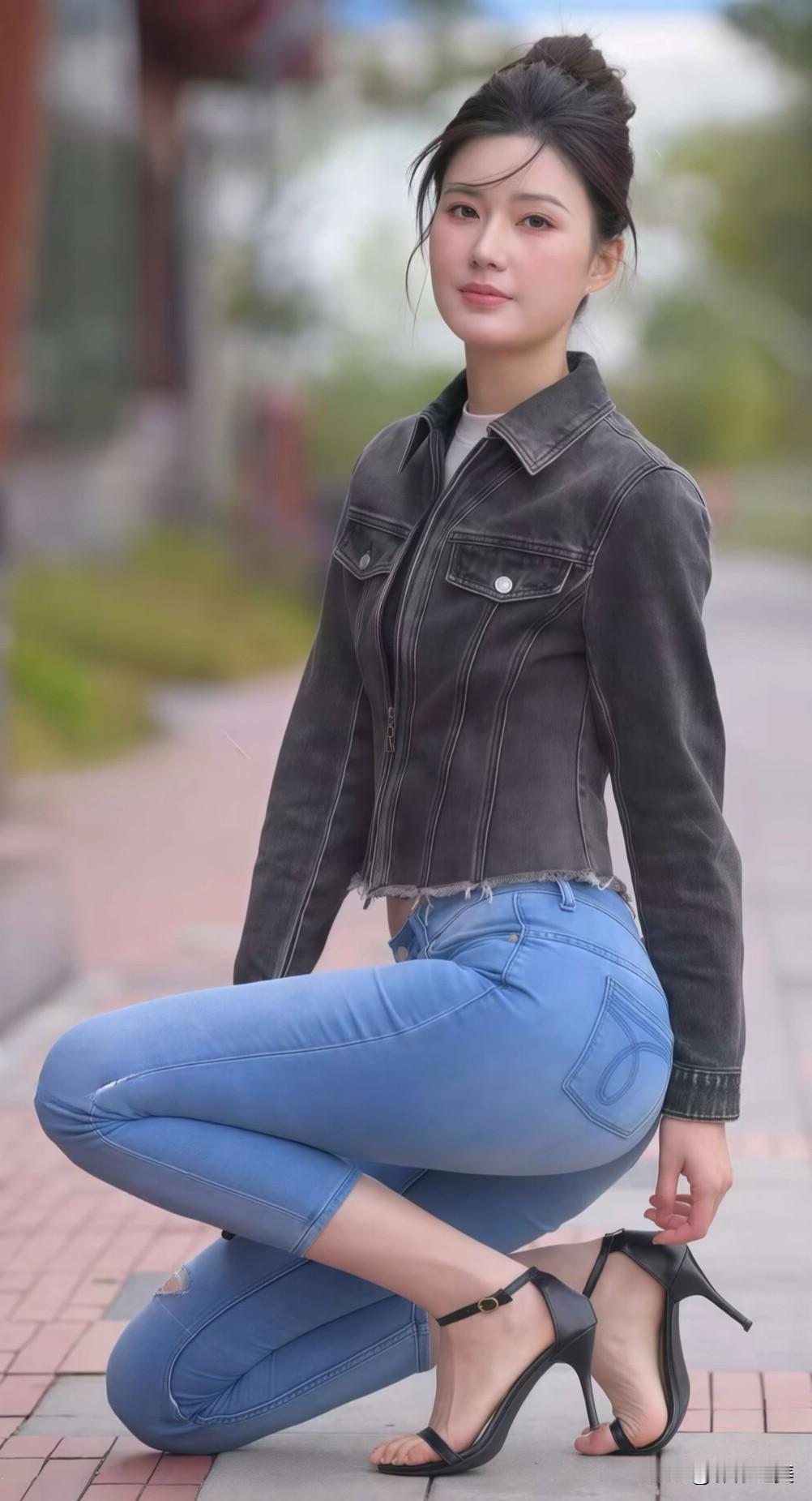 短款黑牛仔外套显比例，浅蓝牛仔裤衬出好身材，清爽又时髦，日常出街这么穿太吸睛~