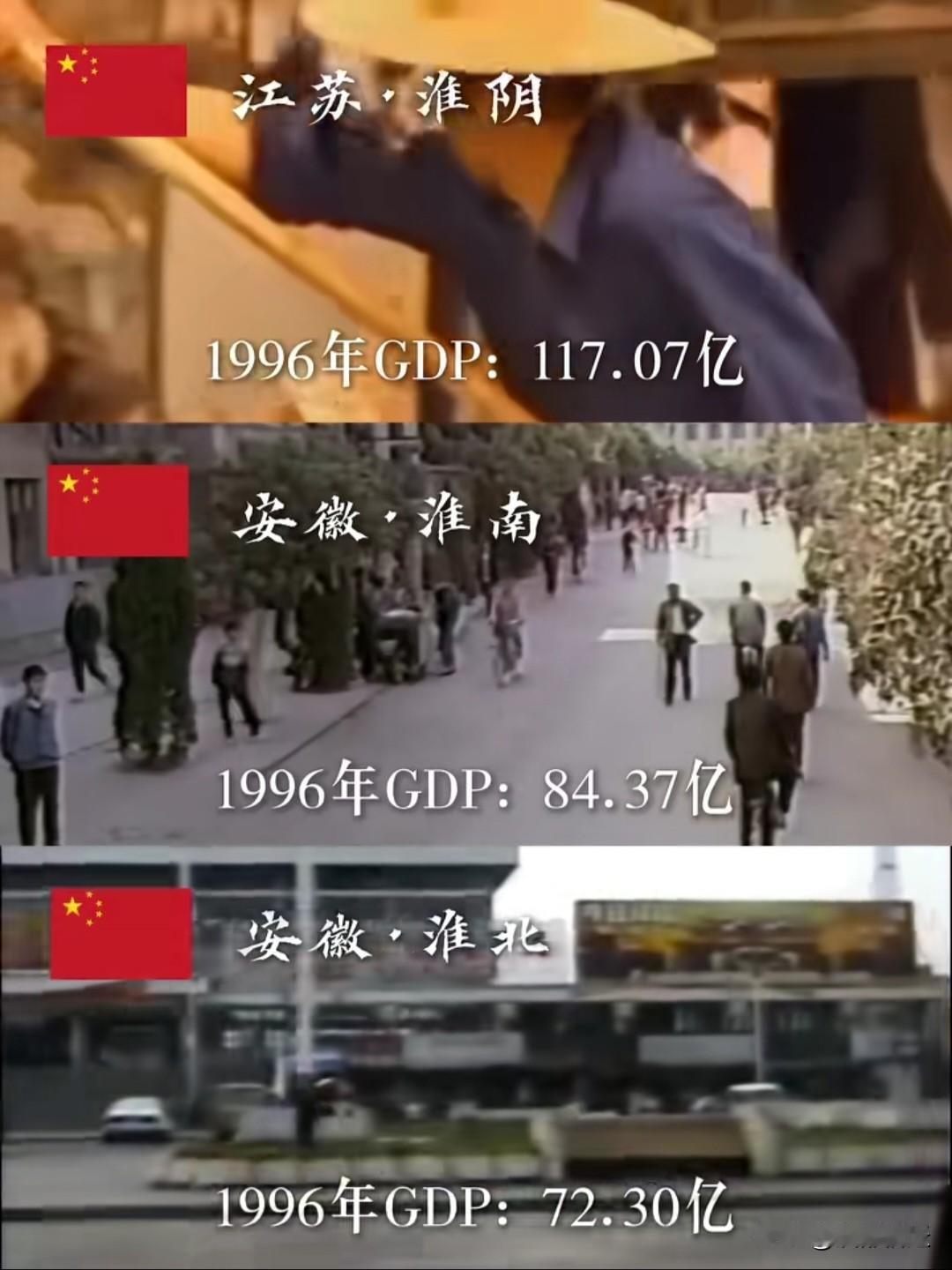 1996年，江苏淮阴的GDP为117.07亿，安徽淮南为84.37亿、淮北为72