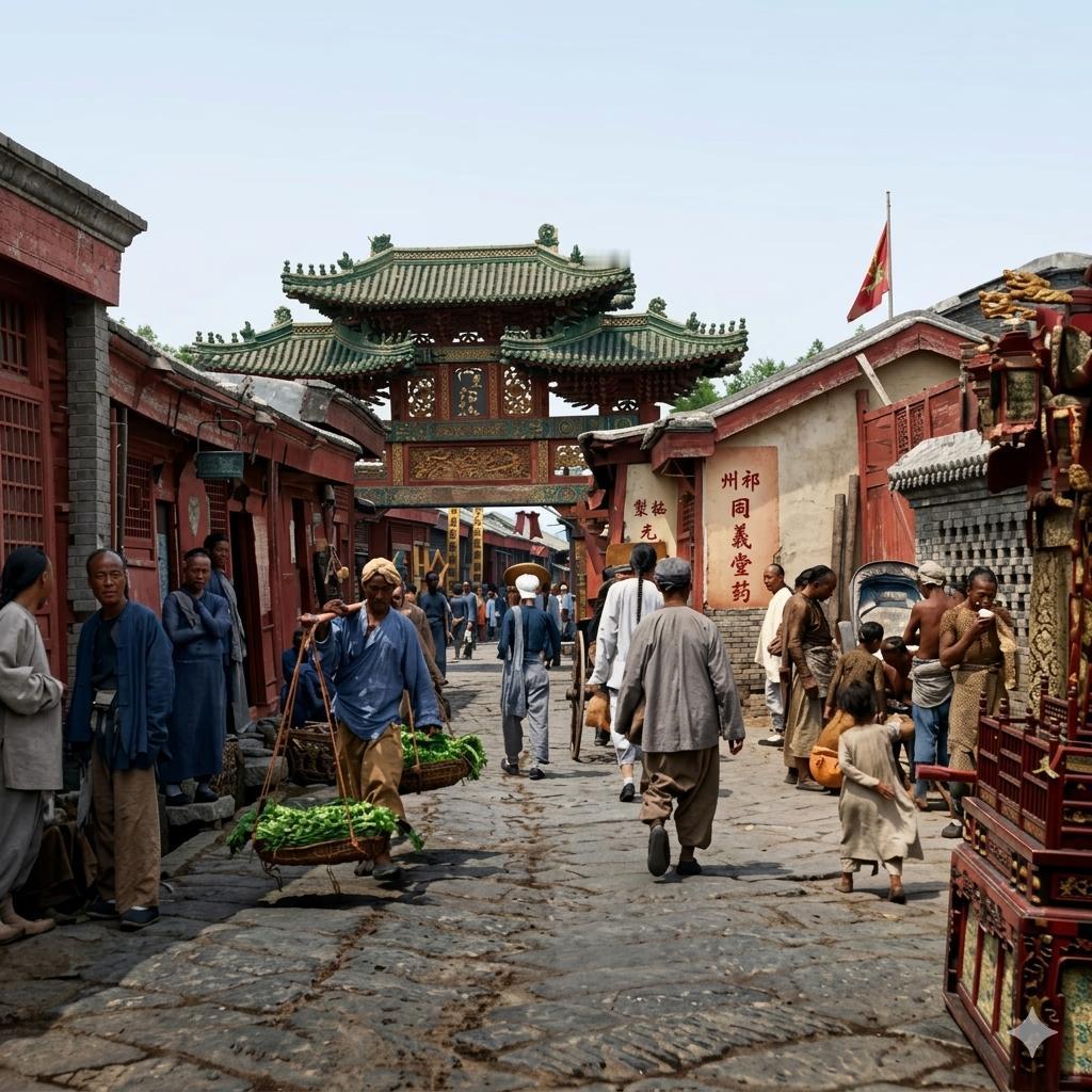 这是清末天津老城厢、天津文庙（孔庙）门前的百年街景老照片，照片中巍峨高耸的重檐木