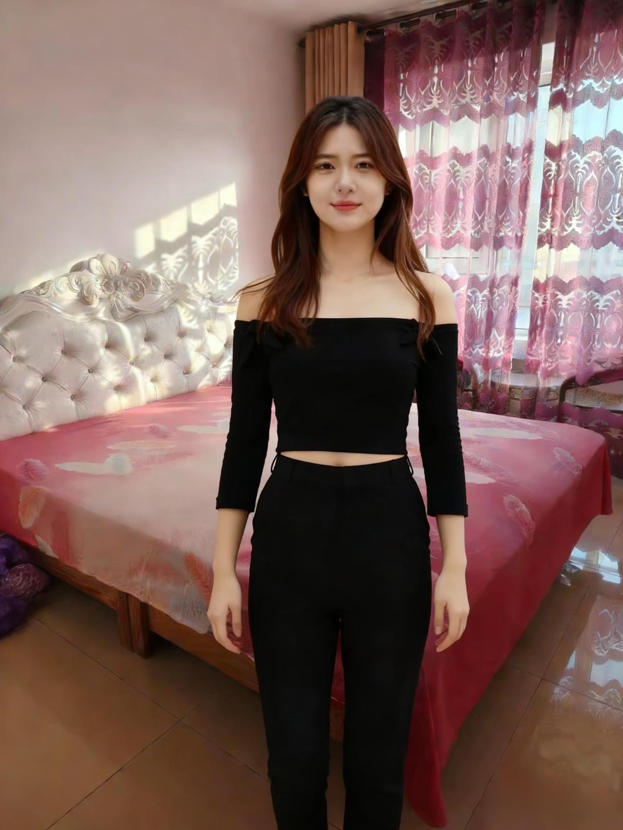 绣床锦被漾春光，玄服轻裁露粉妆。玉肩半露凝霞色，柳腰纤细曳云裳。浅笑嫣然融暖