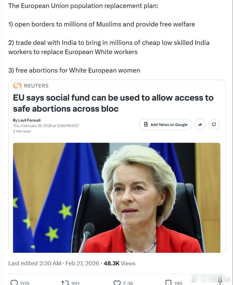 欧盟的人口更替计划：1）对数百万穆斯林开放边境并提供免费福利2）与印度达成贸易协