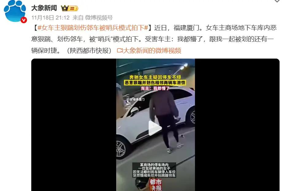 厦门一奔驰女车主在商场地库恶意狠踹划伤保时捷，被哨兵模式拍下，智能泊车含金