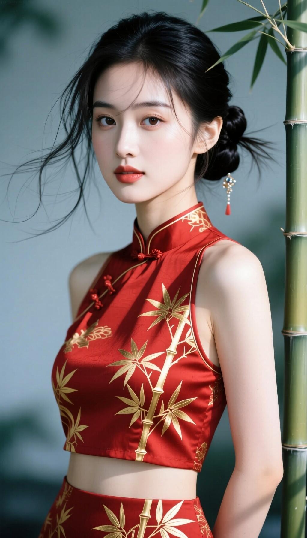 红衣竹影间，美人倚翠竹。