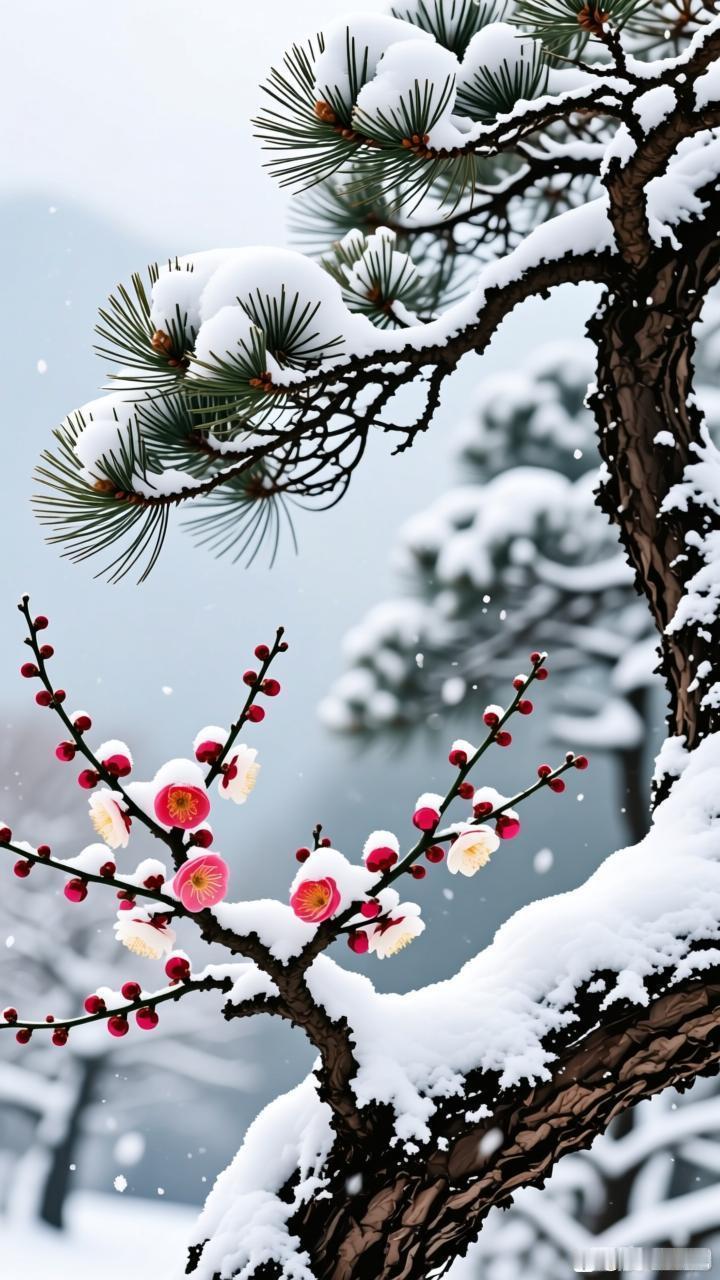 七律·松梅映雪1、朔风卷雪覆千峰，松骨梅魂斗冽冬。疏蕊凝香添雅韵，