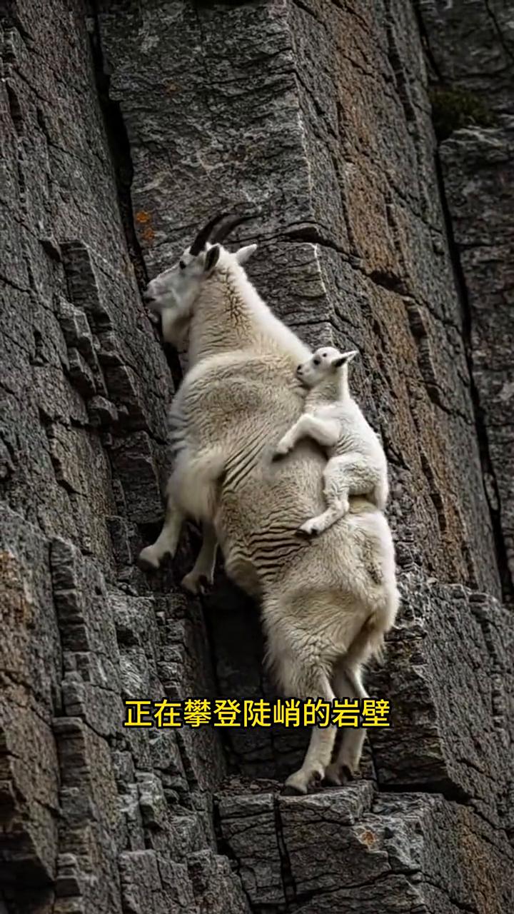 高山上的母爱。注意看，一只身手矫健的母山羊背着它的小宝宝正在攀登陡峭的岩壁。小