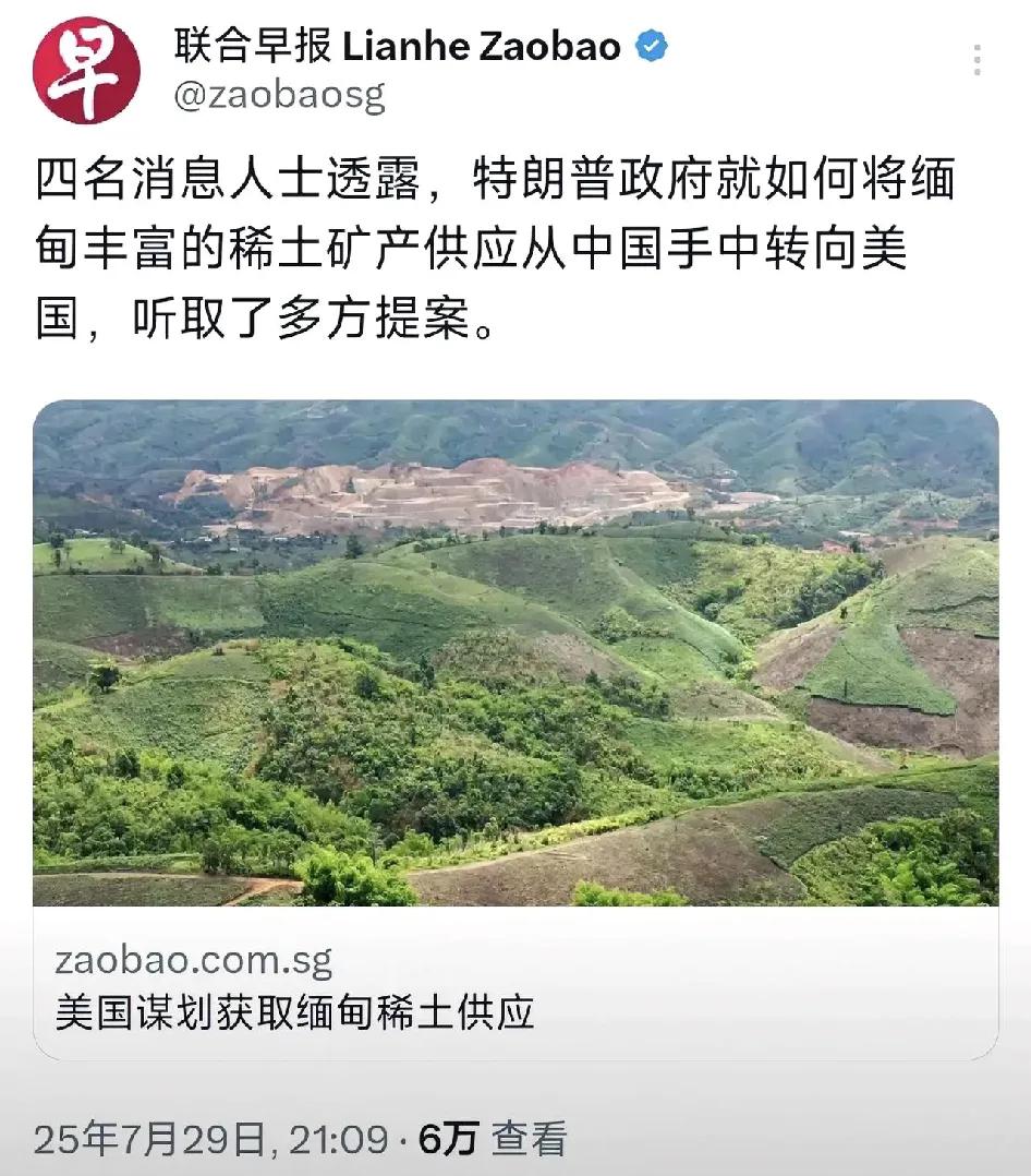 外媒7月29日报道：“四名消息人士透露，特朗普政府就如何将缅甸丰富的稀土矿产供应