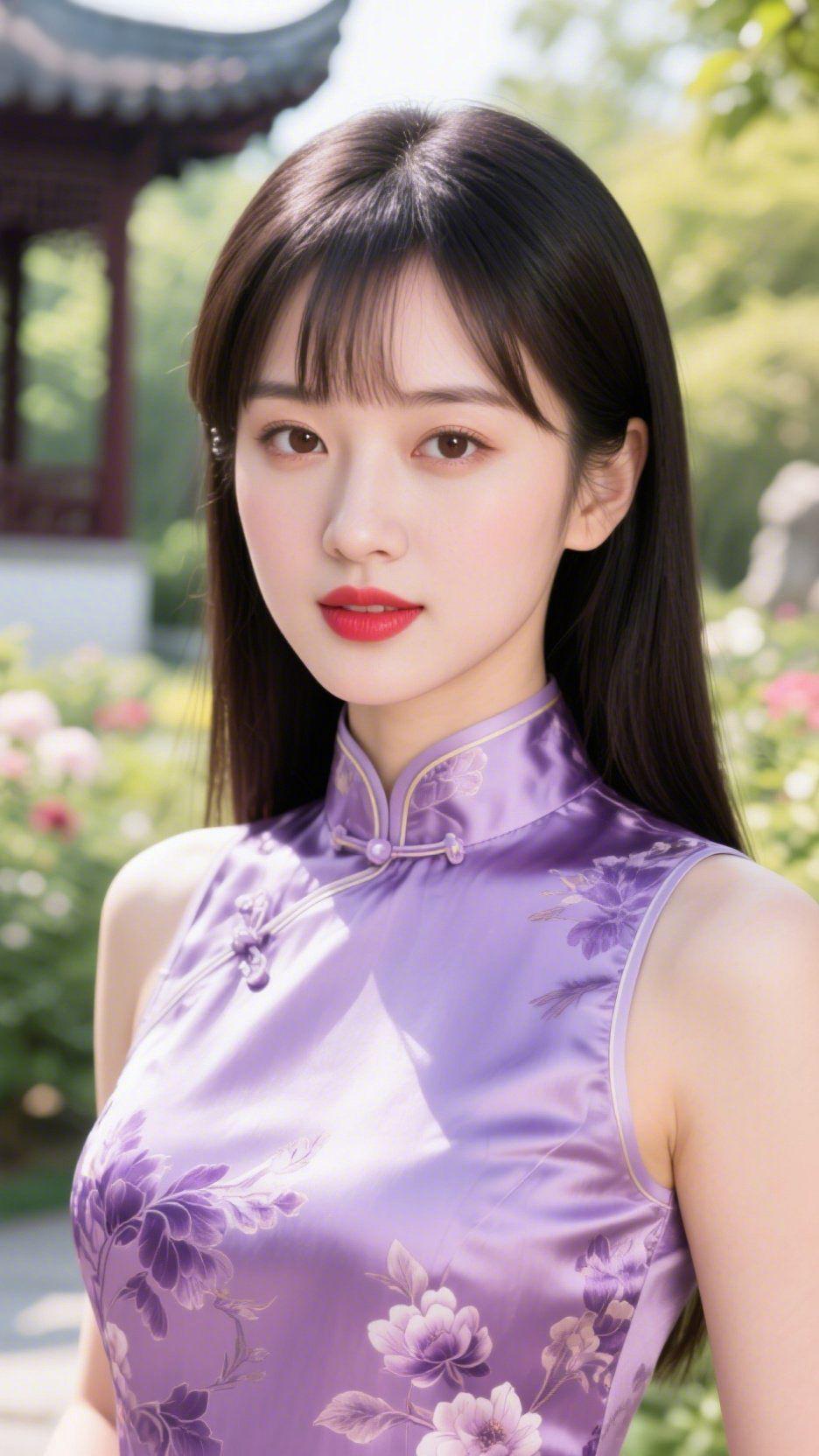 紫衫亭边的春柔亭檐的影掠过花枝，轻落在她的衫襟——柔紫缎面叠着花影，像把春