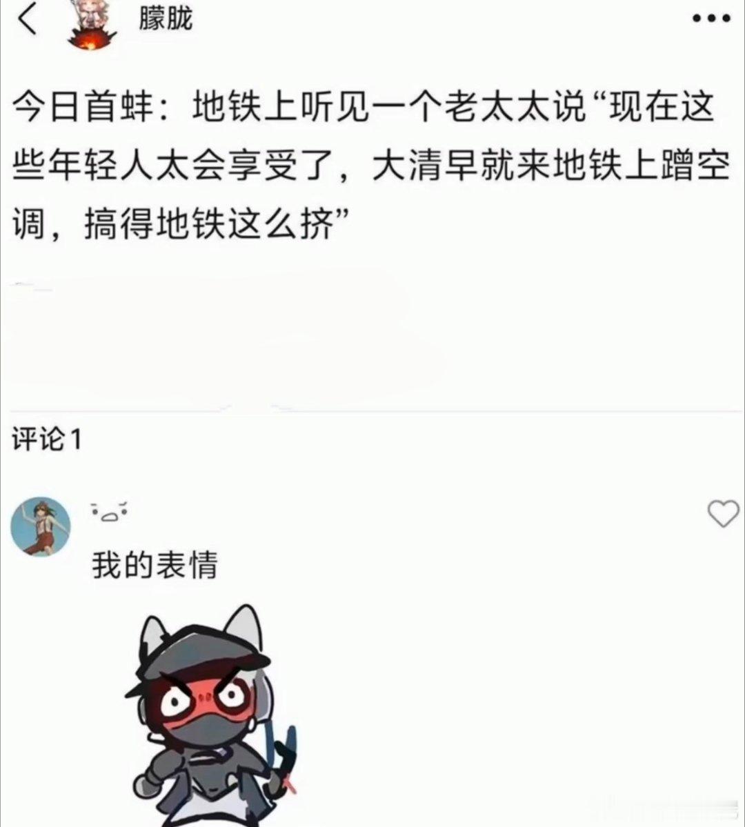 “现在这些年轻人太会享受了，大清早就来地铁上蹭空调，搞得地铁这么挤”