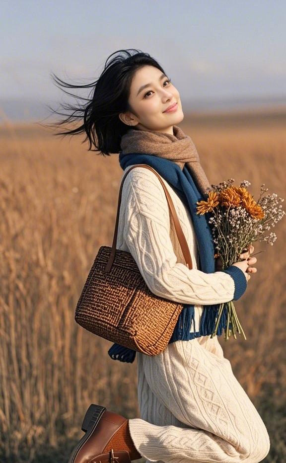 上联：素绒裹风，篮携秋野色下联：暖巾叠翠，鬓掠草间光