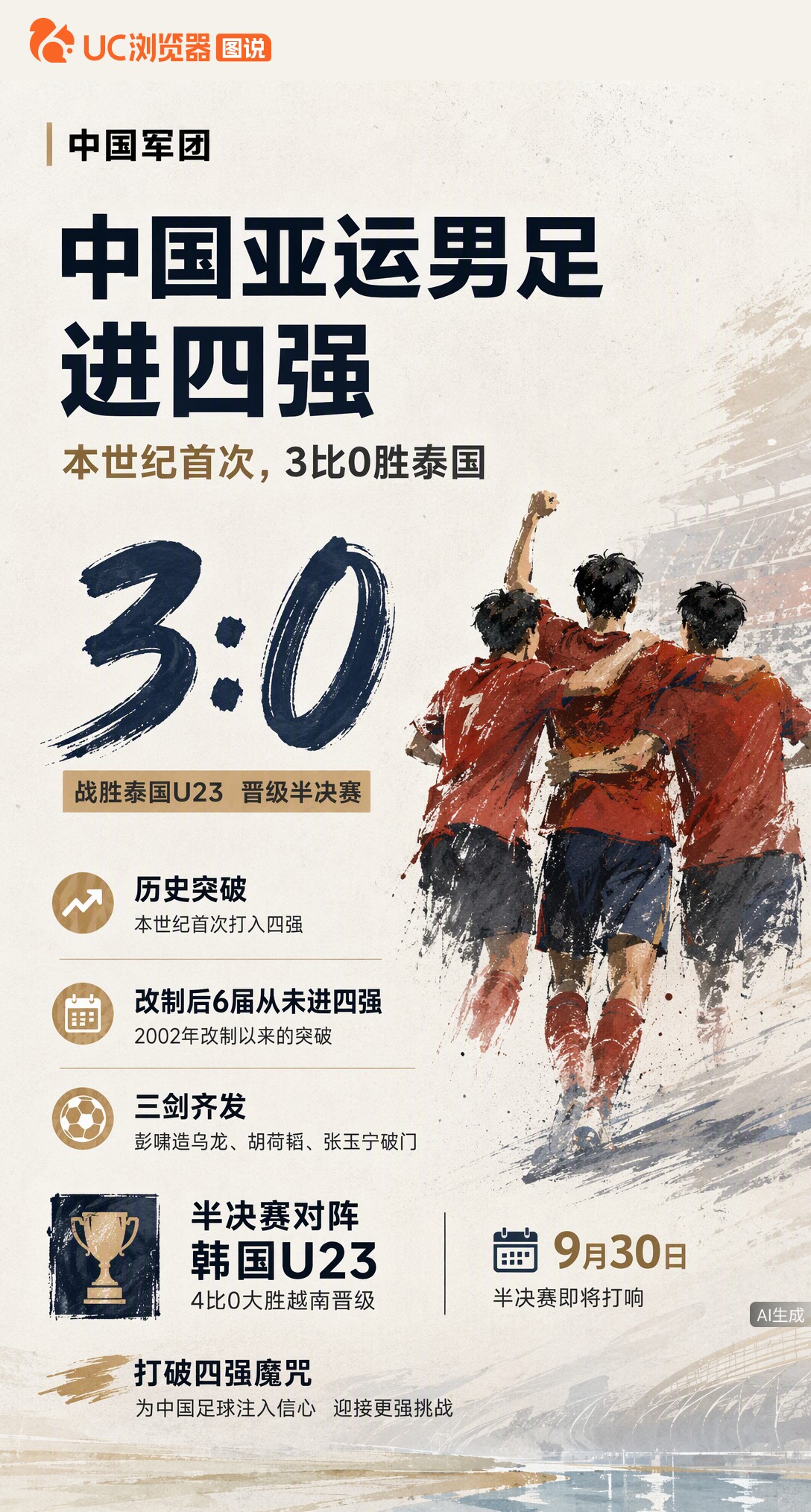 3-0胜泰国！中国U23男足本世纪首次闯入亚运四强，打破改制后六届魔咒。彭啸造乌龙、胡荷韬张玉宁破门