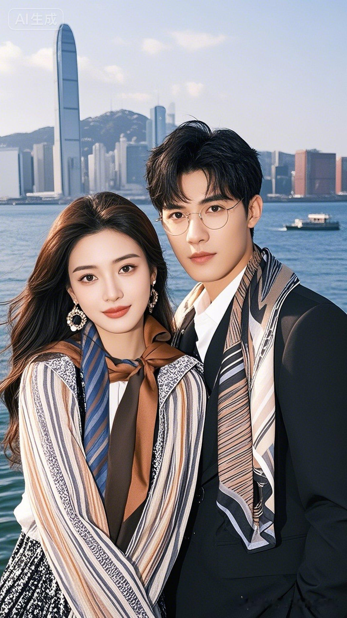 都市浪漫情侣照，香港维多利亚港背景，时尚穿搭，甜蜜氛围。
