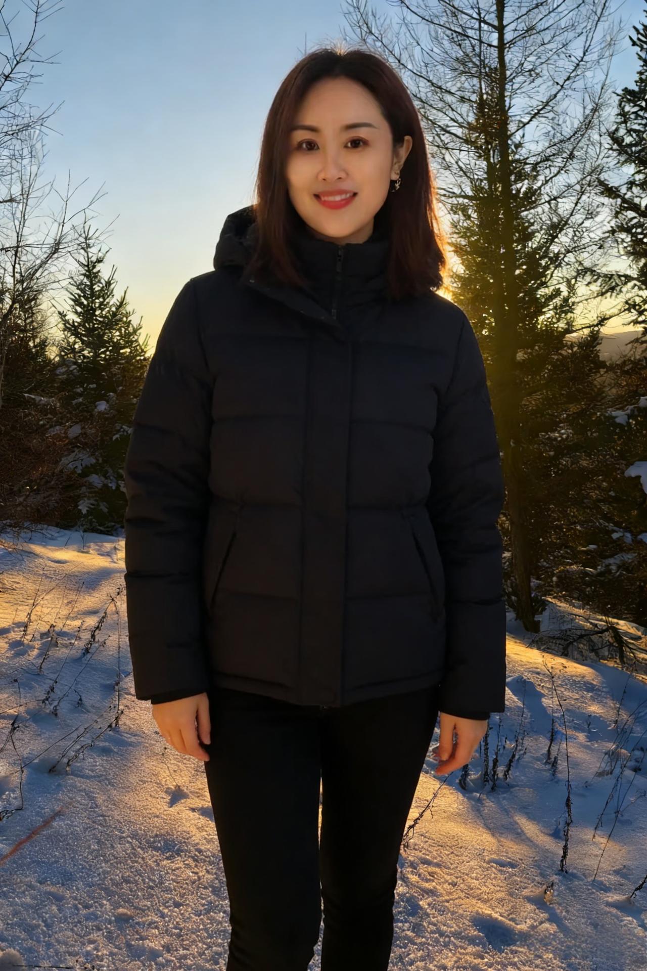 逆光把雪面镀上金，树影拉得悠长你立在光影里，把冬日的萧瑟都照亮短发利落，衬得