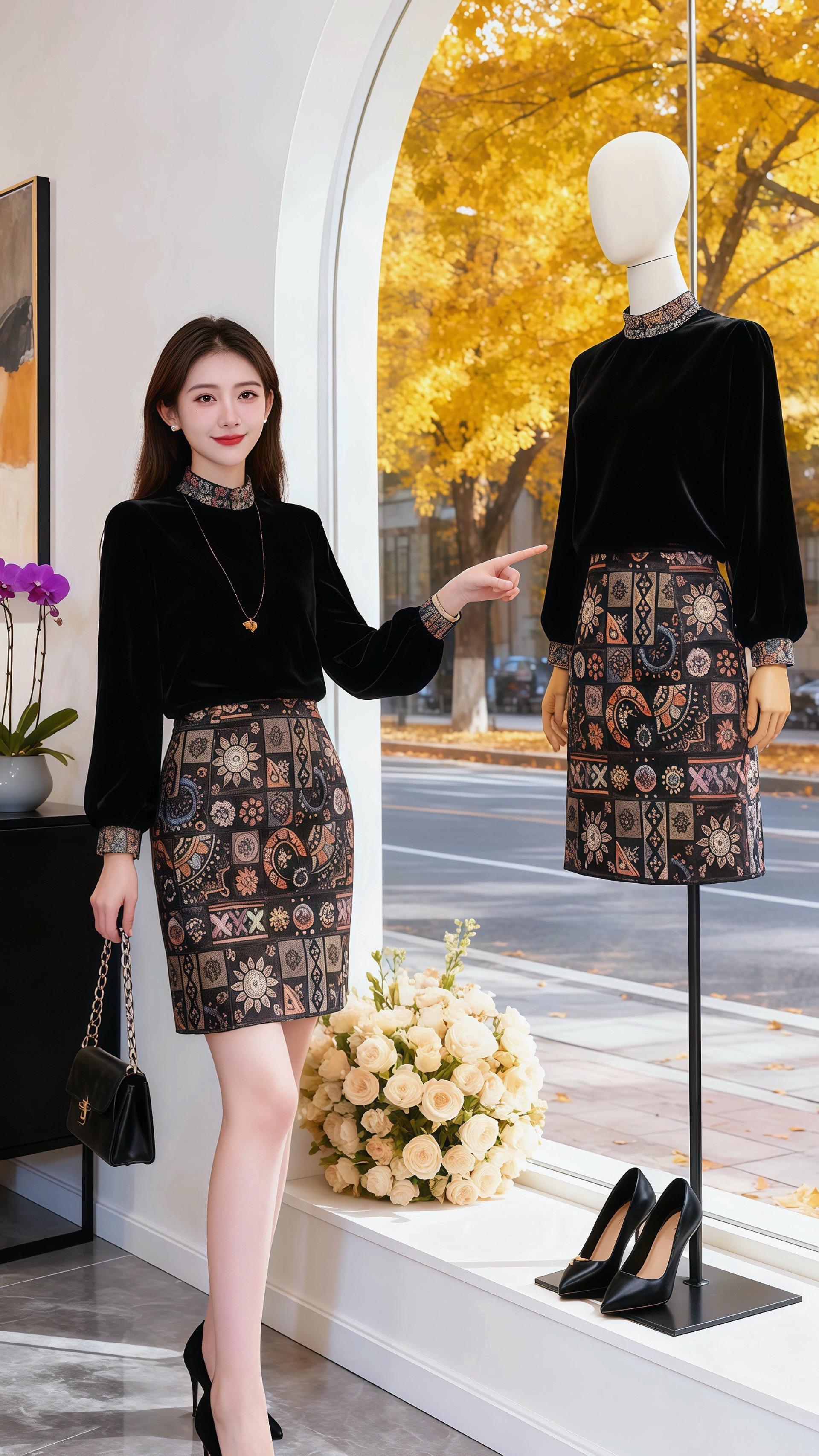 秋日的午后，咖啡馆暖光缱绻。许妍坐在吧台旁，一身丝绒上衣配复古印花半裙...