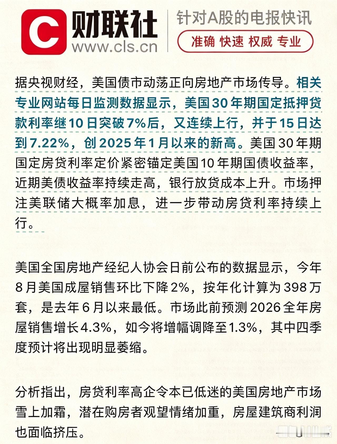 据央视财经，美国债市动荡正向房地产市场传导。相关专业网站每日监测数据显示，美国3