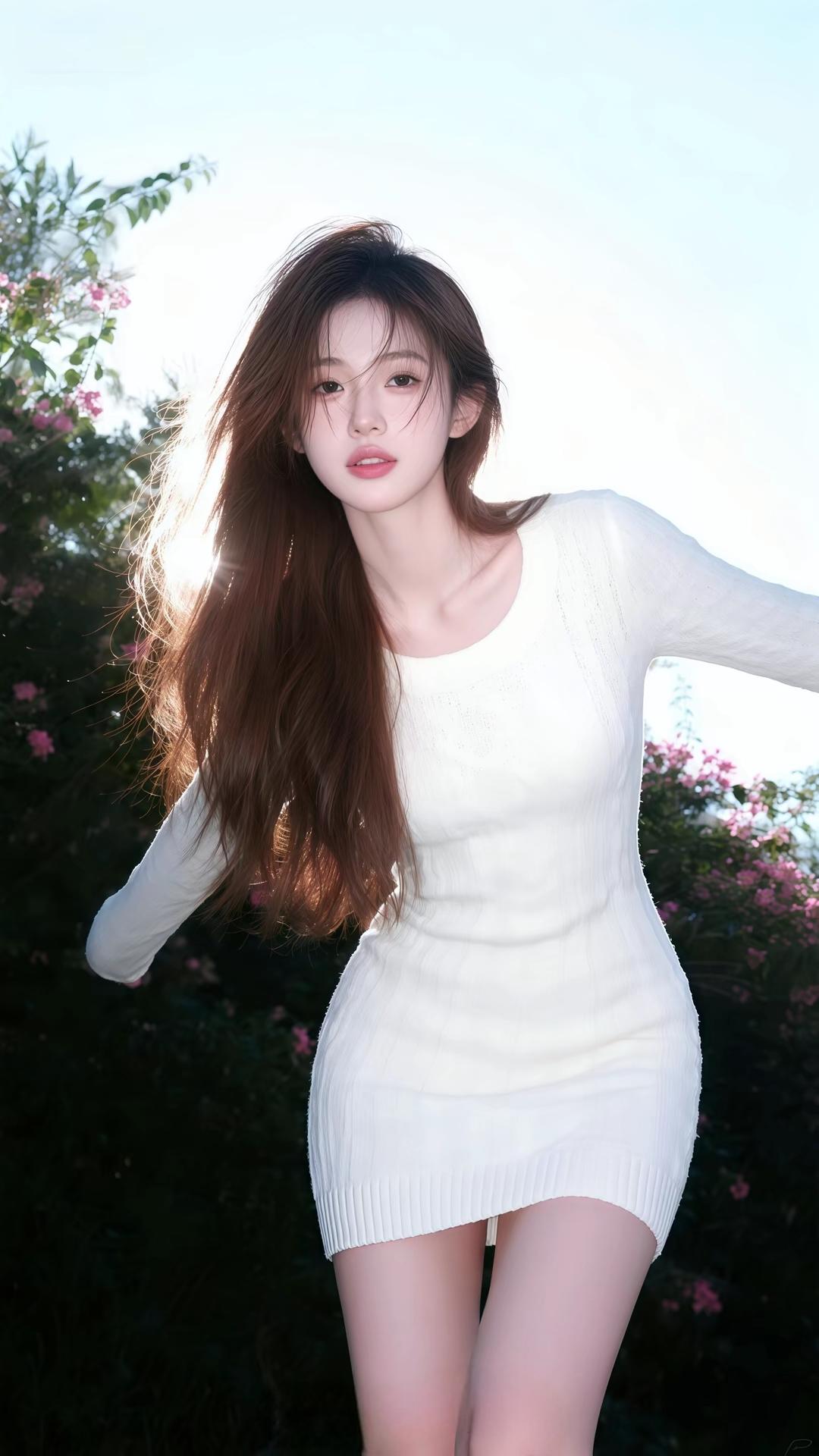 阳光下，一位身着白裙的少女站在粉花丛中，那画面美得像一幅画。白色裙子轻盈飘逸，在