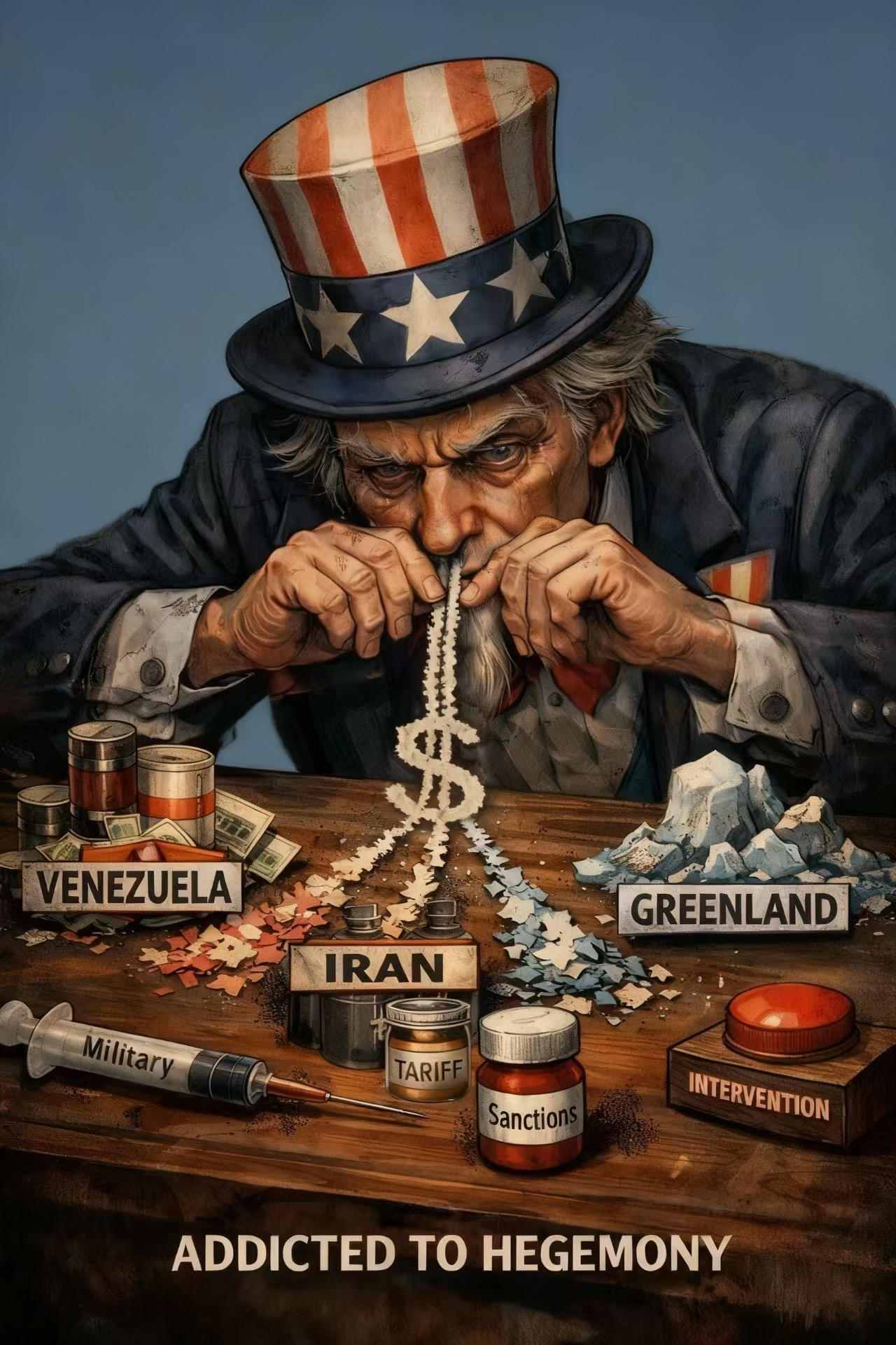 国社这张《沉迷于霸权》做得很棒，细节满满，辛辣讽刺很到位！网友在评论区贴了图二和