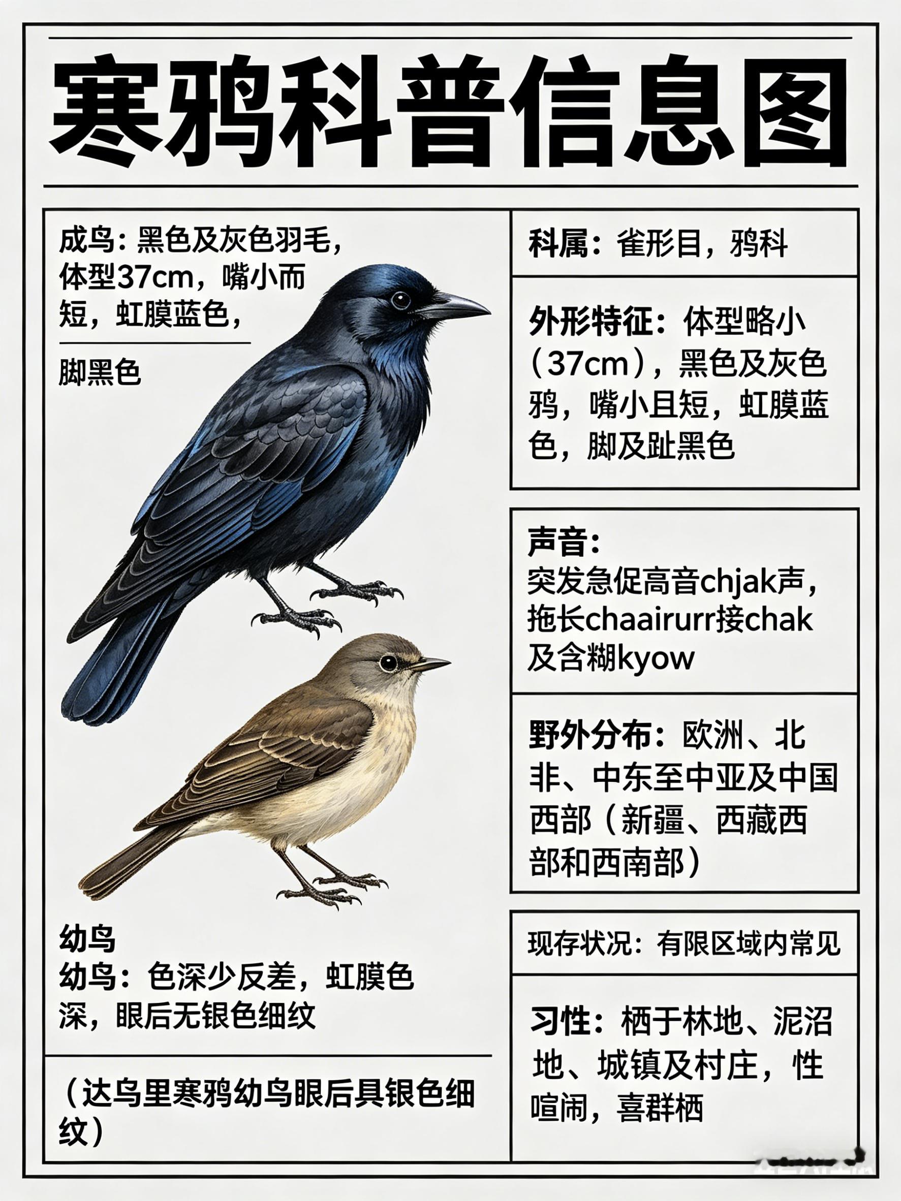 鸟类朋友图鉴寒鸦·科属：雀形目，鸦科。·外形特征：体型略小（37cm）的黑色及