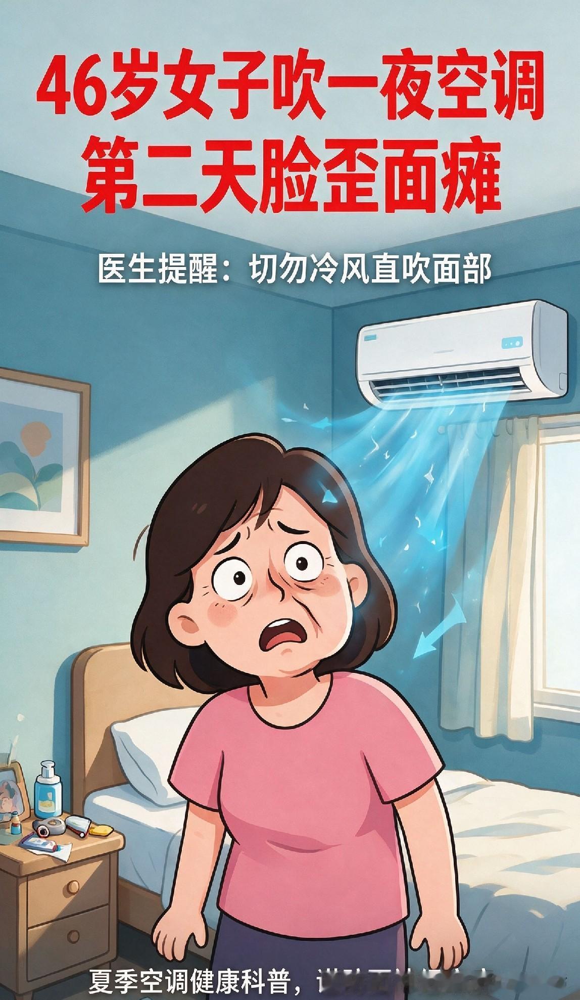 惊险！46岁女士整夜对着空调吹风，次日起床脸部歪斜确诊面瘫。近日一则就诊案例