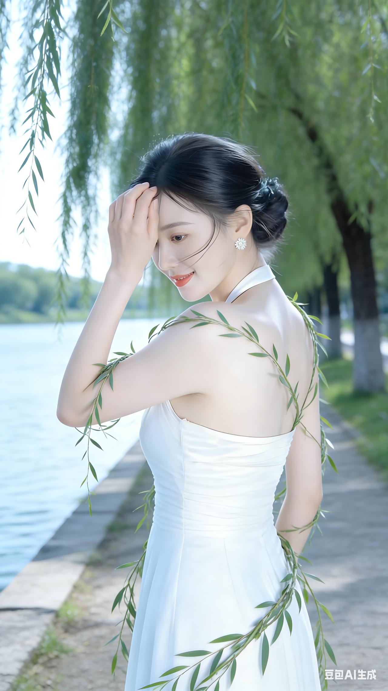 优雅白裙，绿意环绕，湖畔漫步，清新自然。白裙少女感温柔气质小白裙湖边白