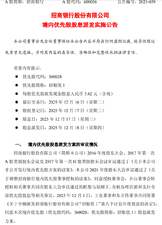 招商银行: 每股优先股派发现金股息3.62元(含税)