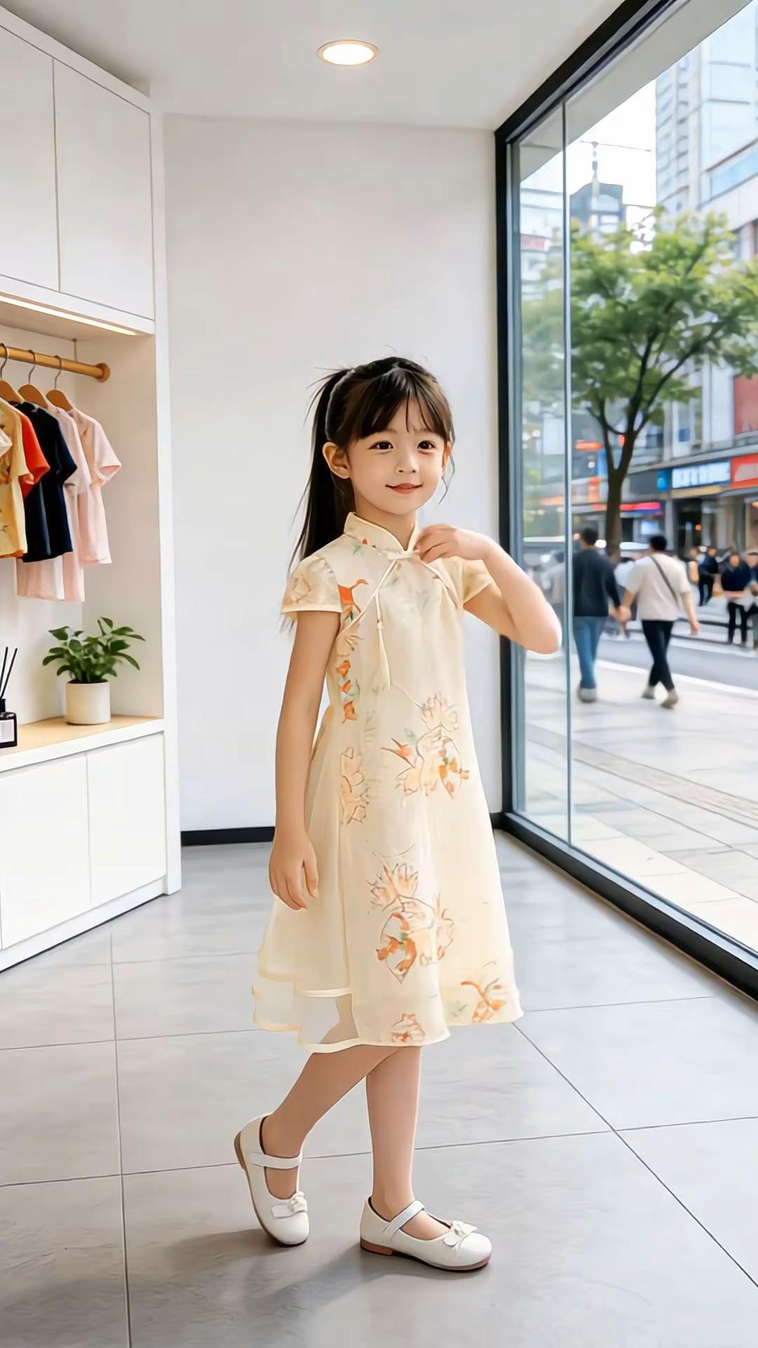 女童新中式旗袍裙✨。谁懂啊！这条国风旗袍裙也太仙了吧🧚‍♀️奶杏色底+温柔花卉