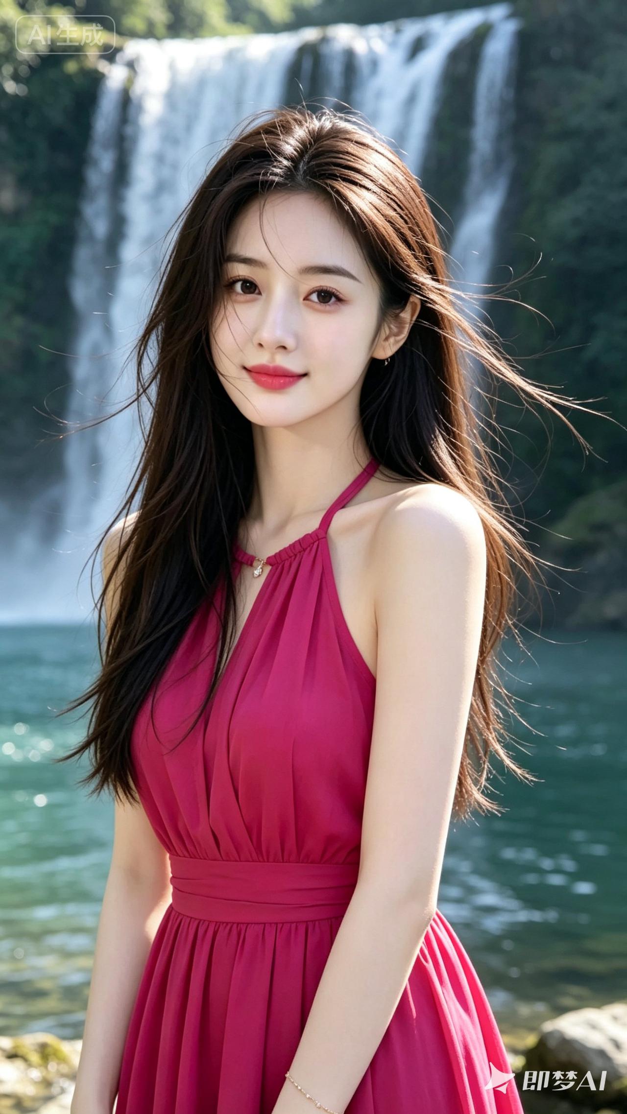 在瀑布前，穿红色连衣裙的少女，自然与美丽的完美结合。