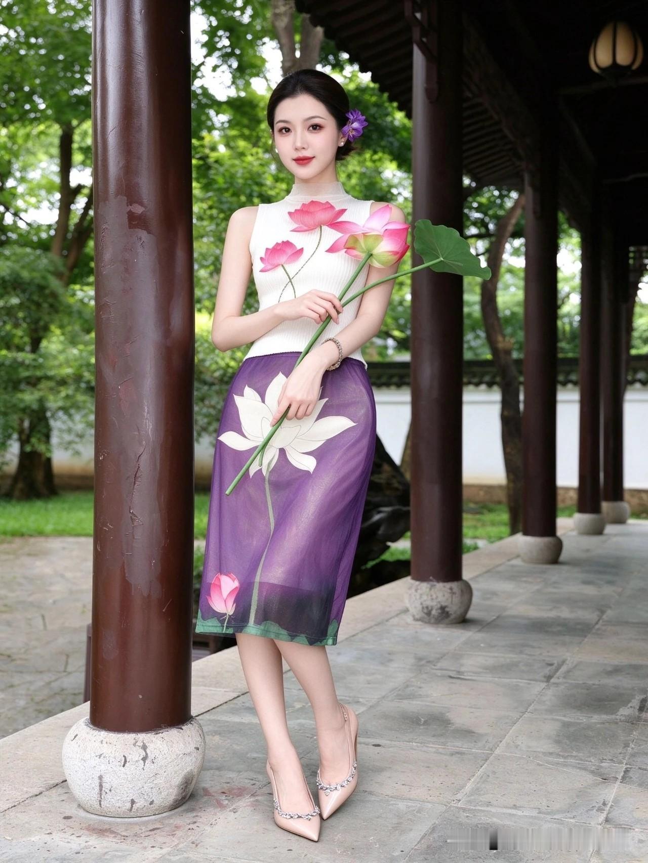手持荷花立长廊，紫裙白衫映绿荫。古风人太吸睛，谁懂这温柔暴击呀！
