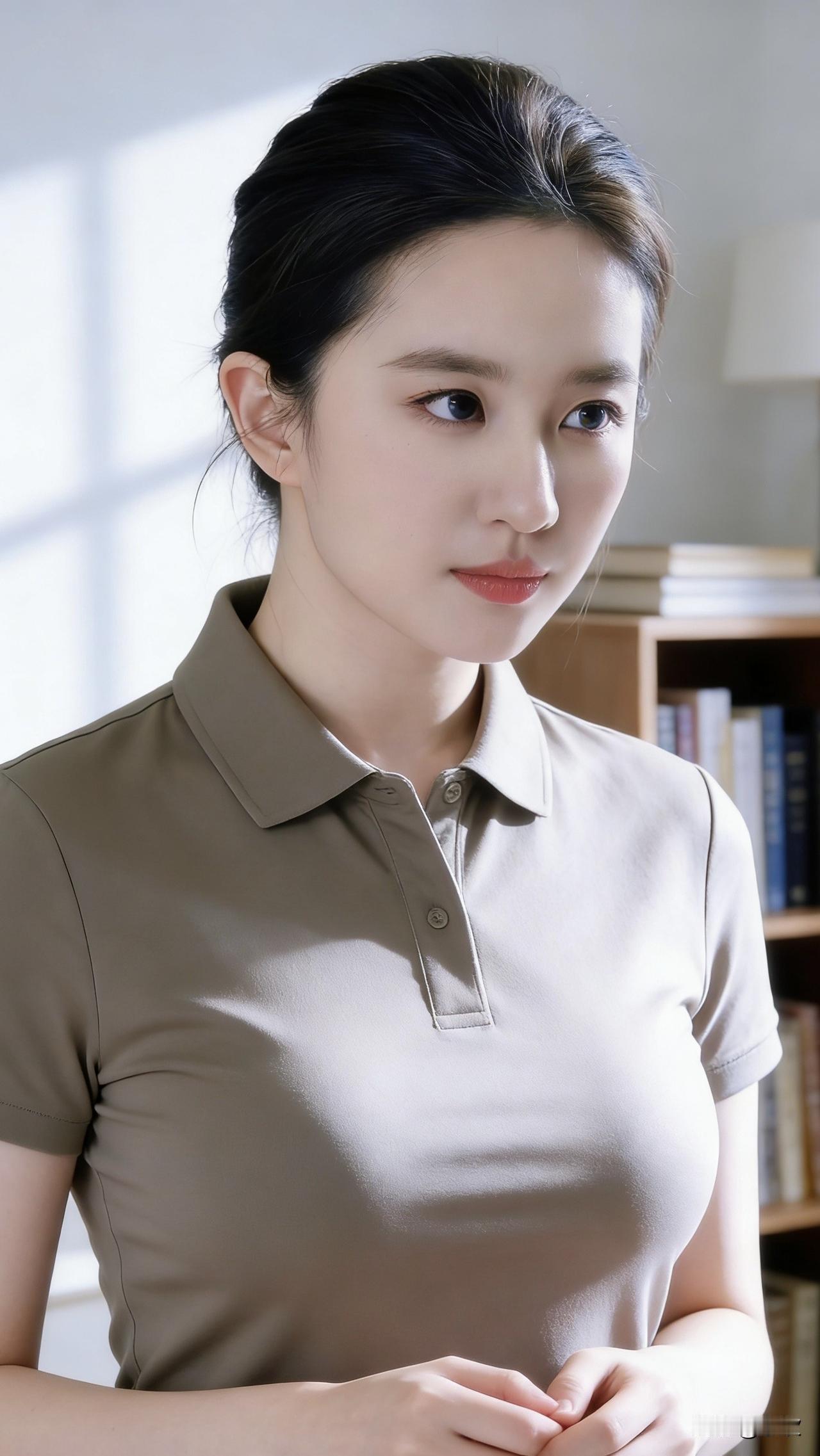 浅咖色的衣料被晨光晕染出柔和的光泽，她静立在书架旁，目光落在窗外，仿佛在与流动的