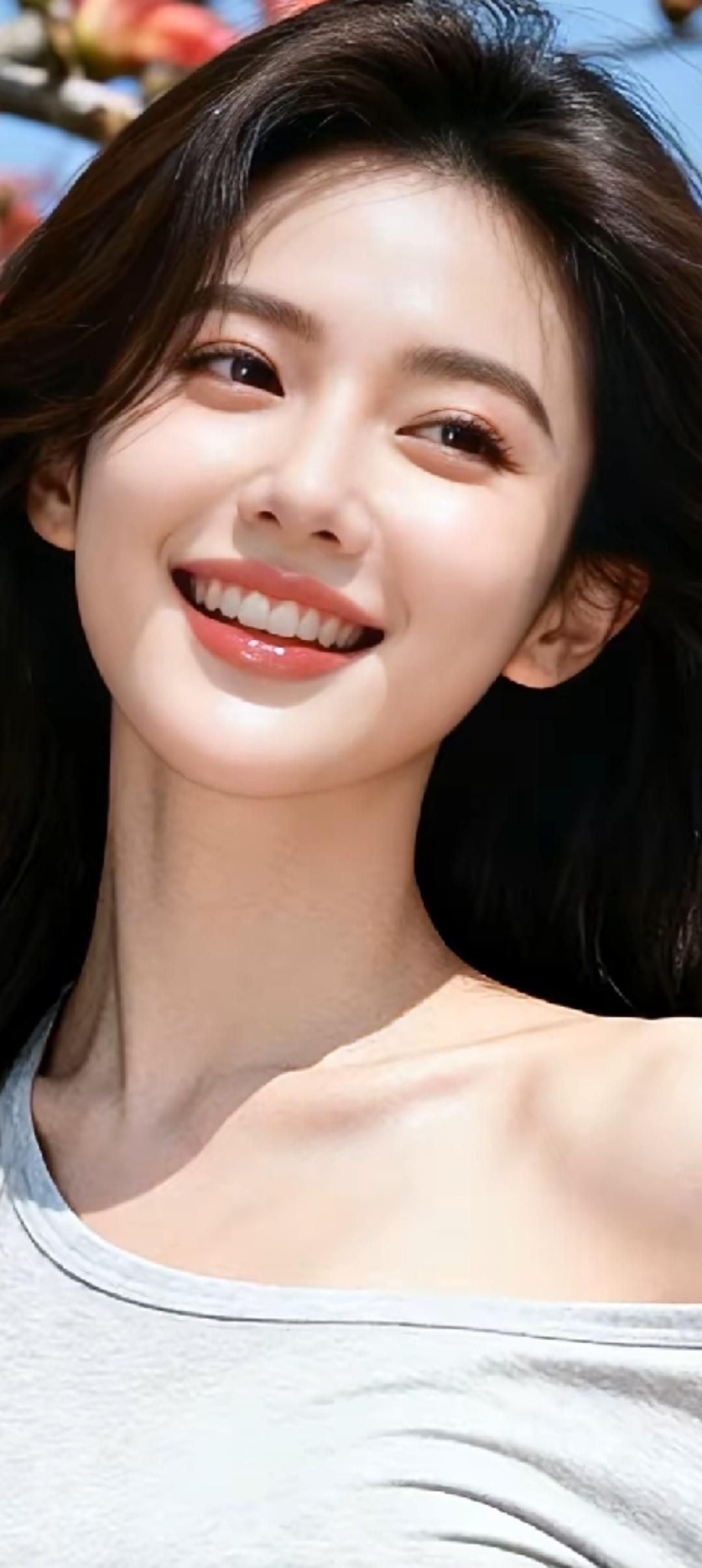 阳光明媚的午后，微笑的少女与盛开的花朵相映成趣。