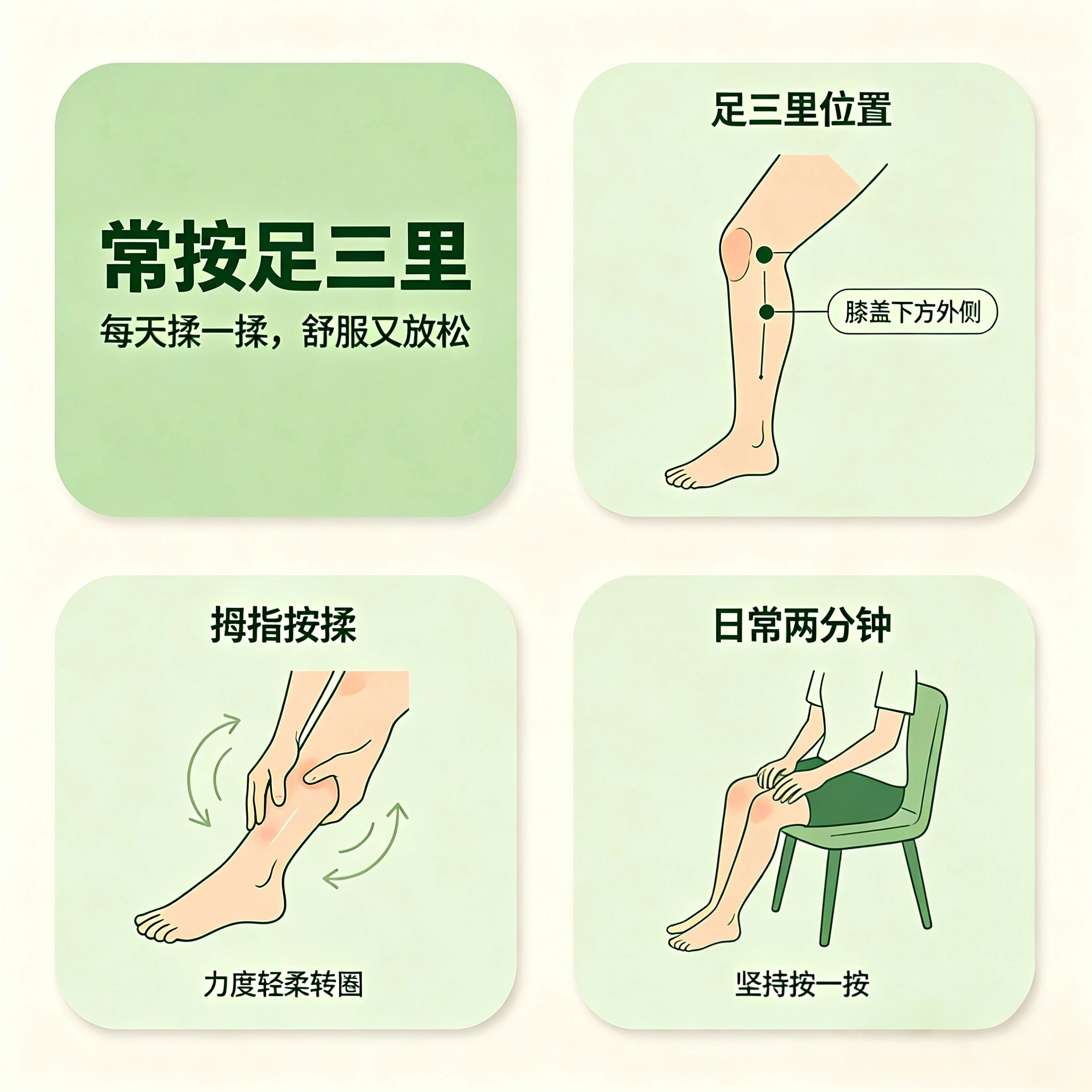 常按足三里，脾胃好，气血好足三里是“长寿穴”，膝盖外侧下方。每天用拇指按揉3分