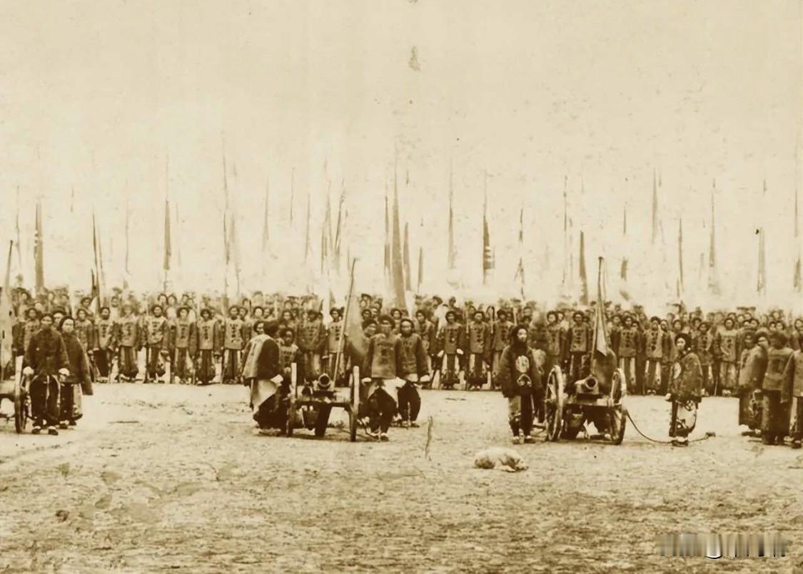 这张照片拍摄于1875年甘肃兰州，记录的是左宗棠西征前楚军炮队的合影。照片中士兵
