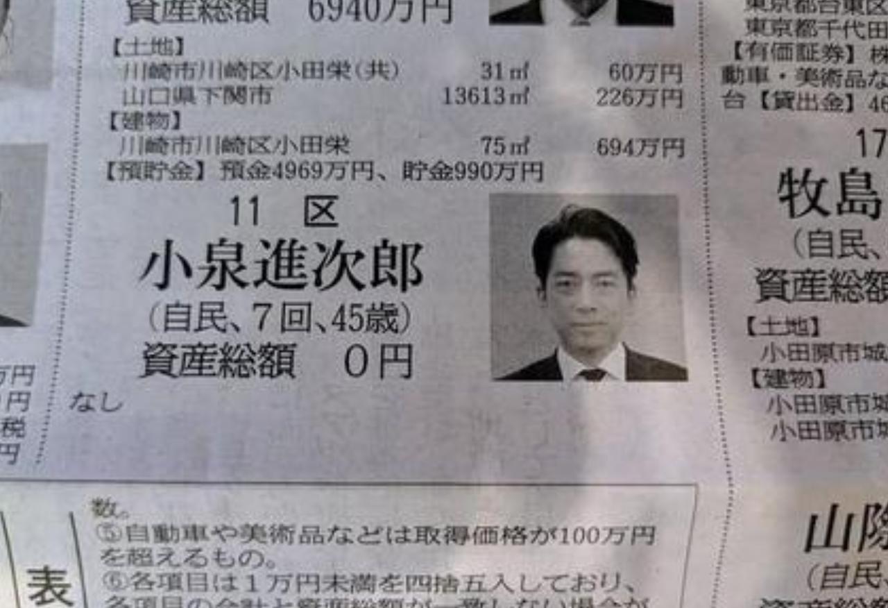 你信吗？日本内阁核心、手握防卫大权的小泉进次郎，最新官方资产公示，白纸黑字，清清