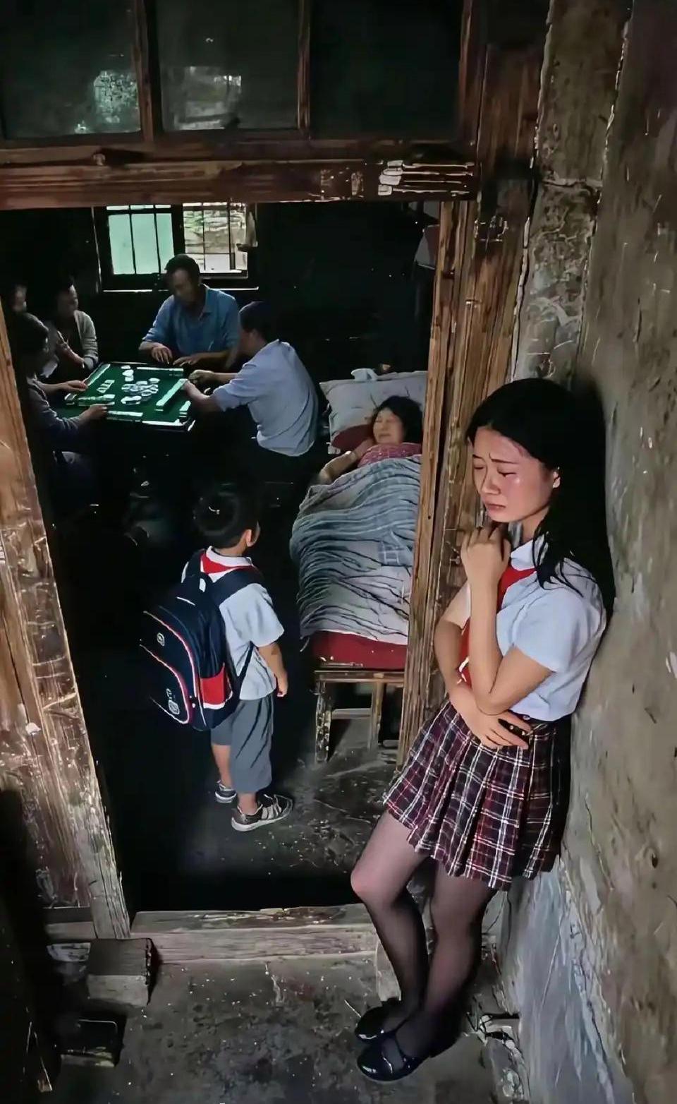 麻将声裹着尘土在破屋里撞，病床上的呼吸轻得像根线，背书包的小孩攥着衣角没说话。她