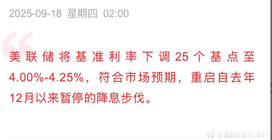 美联储如期降息25个基点，符合市场预期。专业机构预测2025年还会再降息50个