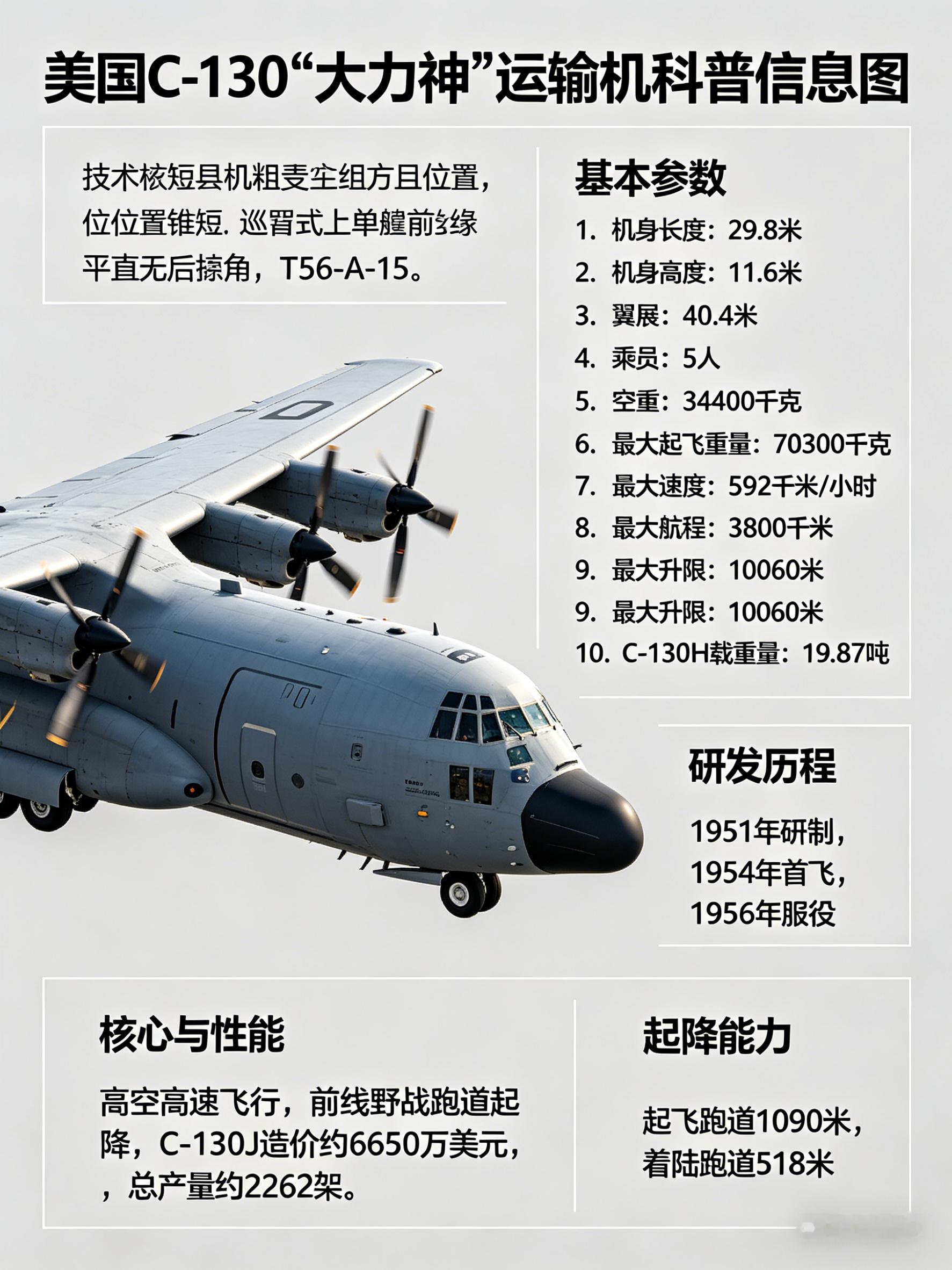 军事ai新视野美国C-130“大力神”运输机机身长度：29.8米机身高度：1