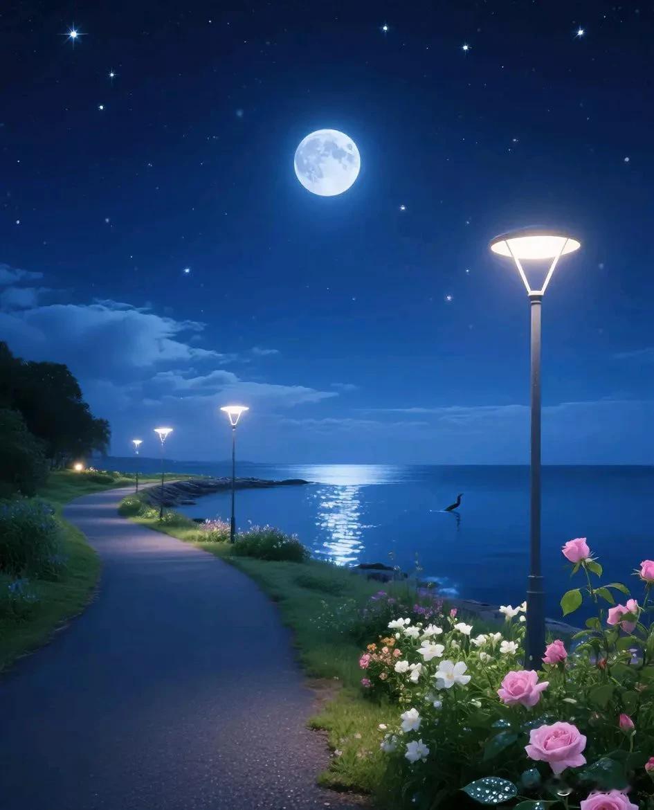 月夜漫步，花香满径，静享宁静时光。🌙🌸🍃这般美景，让人的心一下子就静了下来