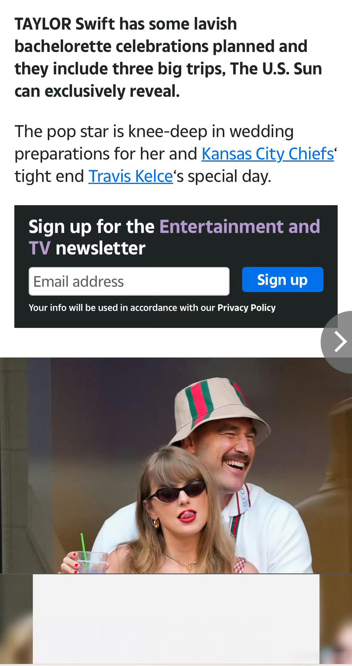 霉霉将举办婚前单身派对霉霉单身派对行程曝光据外媒，泰勒・斯威夫特的单身派对预计