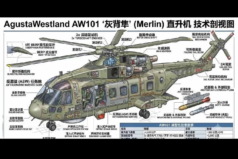 威力强大的AW101反潜直升机AW-101直升机，绰号：Me
