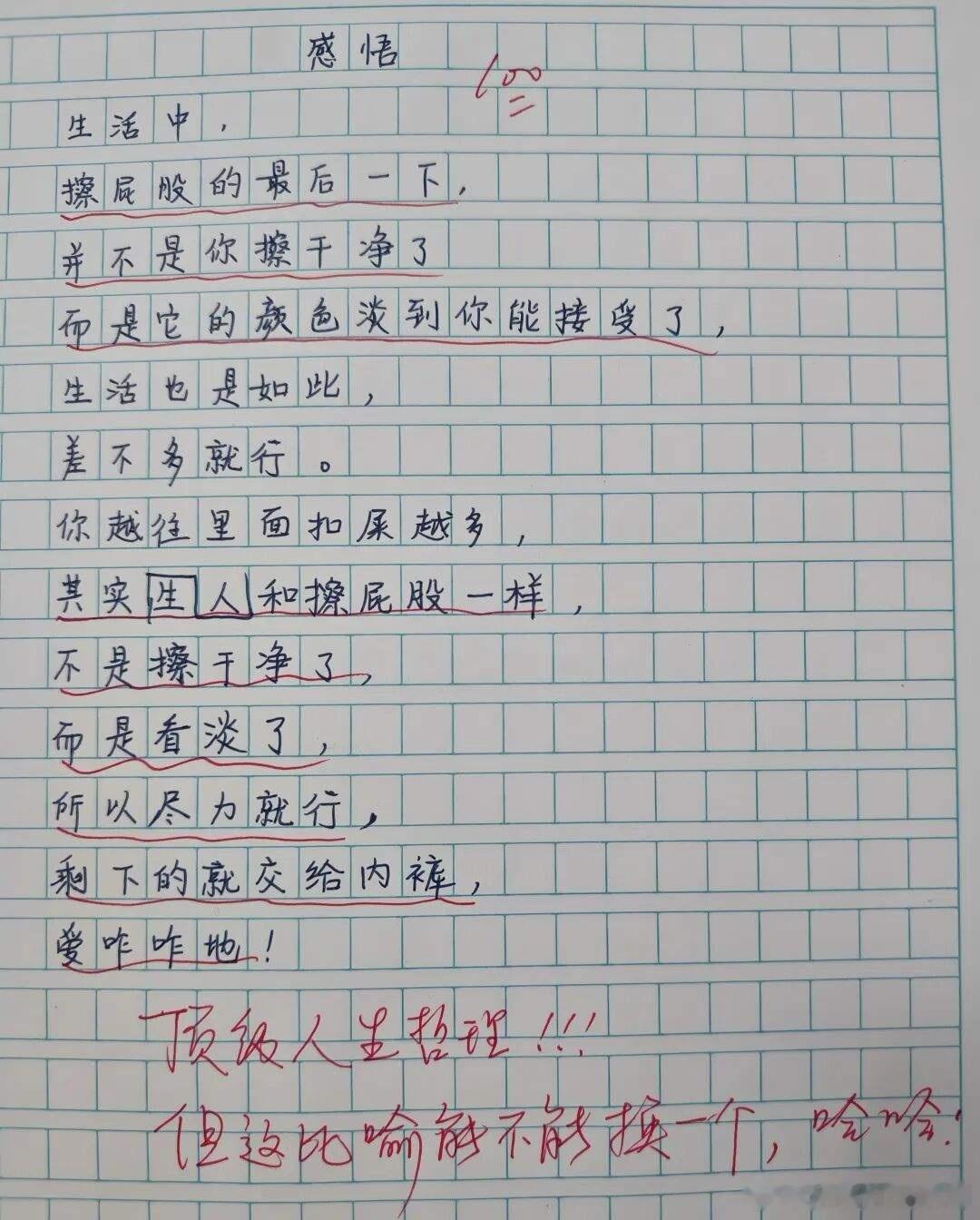 拿擦屁股比喻人生，这篇小学生作文格局直接拉满。