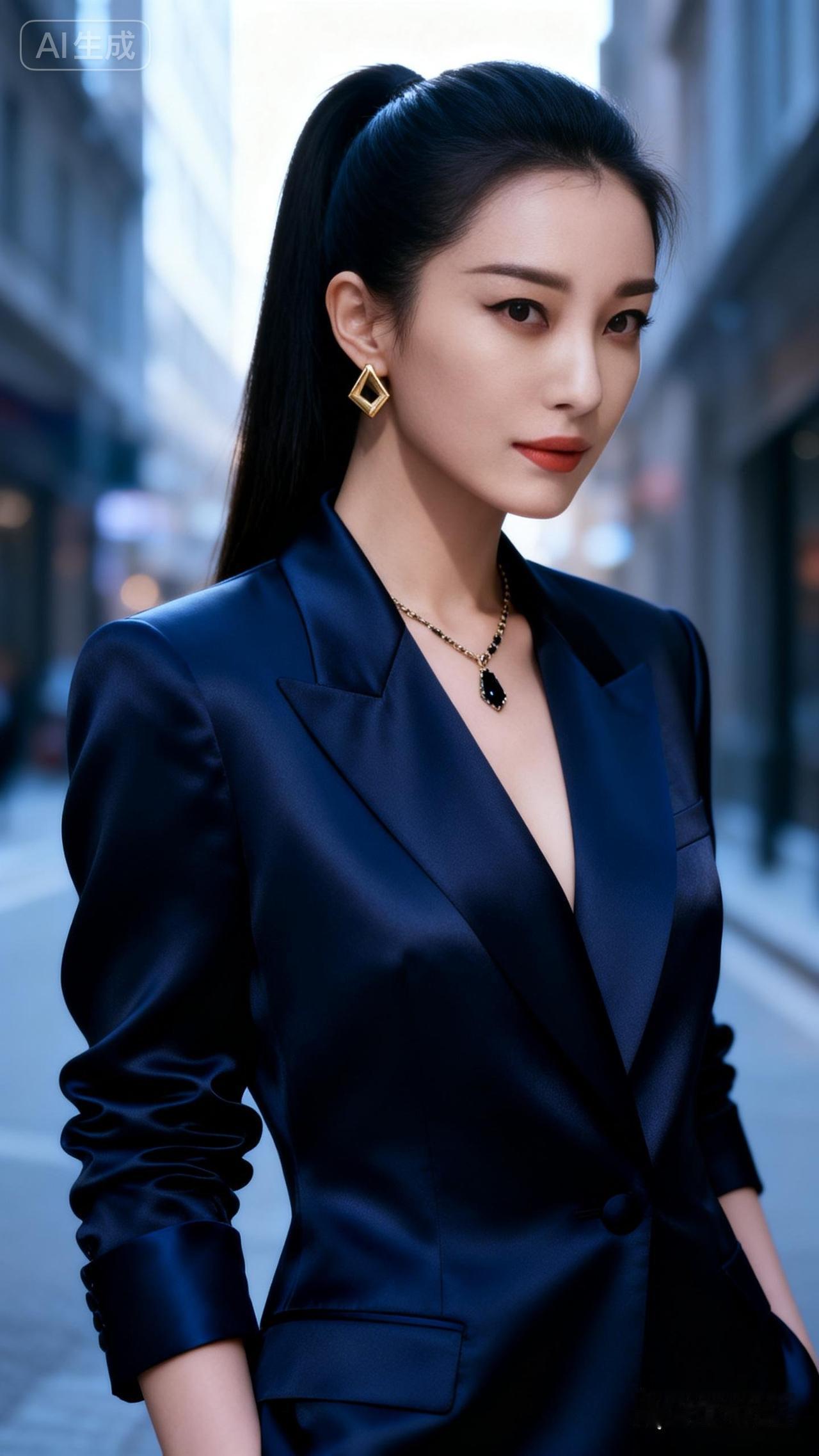 都市女强人风范，黑色西装搭配金色耳环，自信满满！